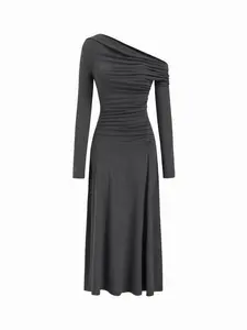 Cider Two-way Asymmetrical Neck Long Sleeve Ruched Maxi Dress