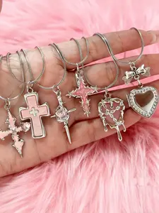 Gothic Y2K Punk Heart Zircon Cross Pendant Necklace Set, Women's Chain, Party Gift, Holiday Gift, Valentine's Day Jewelry