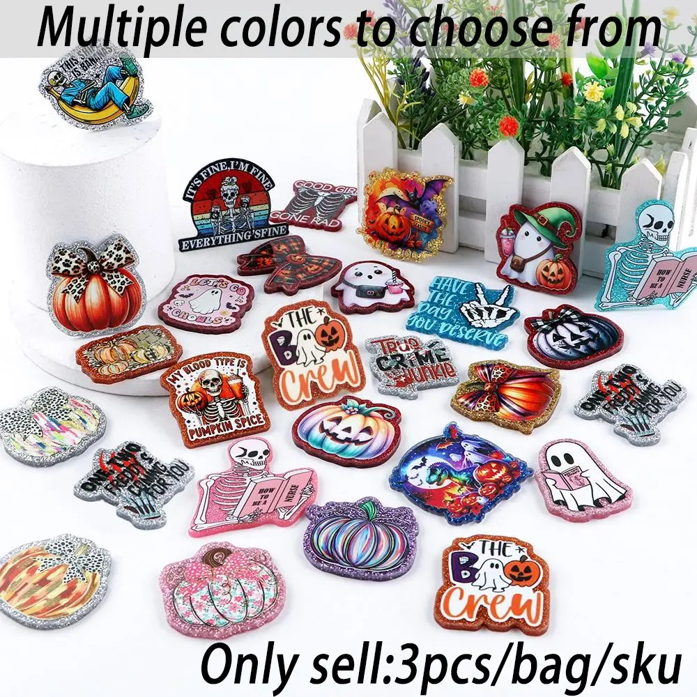 Halloween Resin Acrylic Flatback Charms, 3pcs Multi-Color DIY Craft Supplies, Ghost Pumpkin Skull Designs for Badges, Phone Holders, Hair Clips Art Charms, DIY Jewelry Accessories, Charm Accessory, Diy With Charms