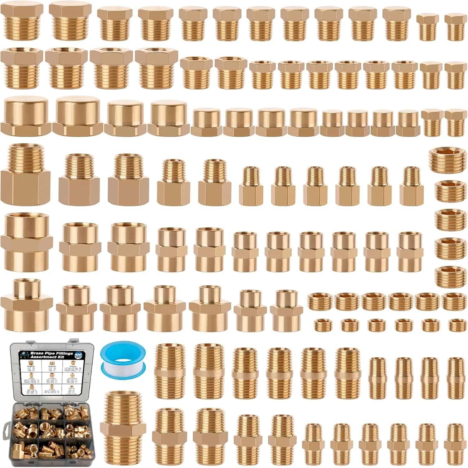 106-Count High Resistance Hexagonal Brass Pipe Fittings Assortment Kit with Teflon Tape - Extension Adapter, Hex Bushing, Reducer Bushing, Nipple, Reducing Coupling, Plug, Female Hex Cap, Socket Plug for Hydraulics, Refrigeration (Low Permeability)
