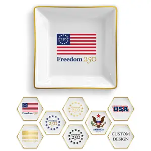 Freedom 250 Square Trinket Tray Dish – Officially Licensed Commemorative 250th Anniversary – Ceramic with Gold Rim, Jewelry & Keepsake Holder