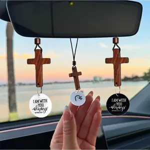 Bible Verse Car Rearview Hanging Cross Ornament – Inspirational Christian Decoration with Matthew 28:20, Faith-Based Wooden Pendant for Vehicle, Daily Encouragement Gift for Drivers Rear View Mirror Charm Christmas