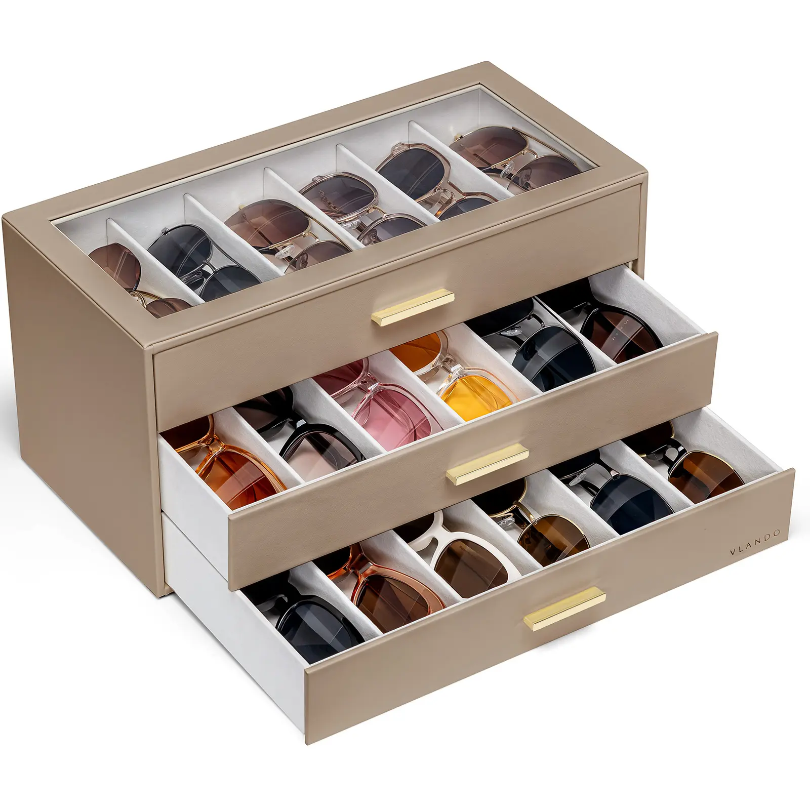 VLANDO 18-Grid Sunglasses Organizer Case, 18-Slot Eyeglass Storage Box with Clear Lid and 3 Drawers, PU Leather Glasses Holder for Women and Men, bedroom  organizer summerwins