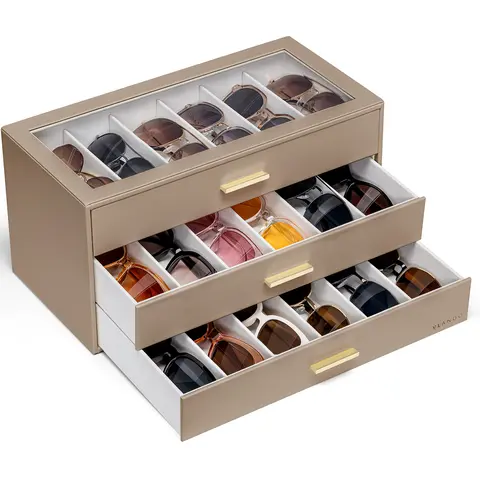 VLANDO Modern PU Leather Eyewear Organizer - 12/18/24-Grid Drawer-Based Eyeglasses Holder for Home Bedroom Storage (For Women, Men)