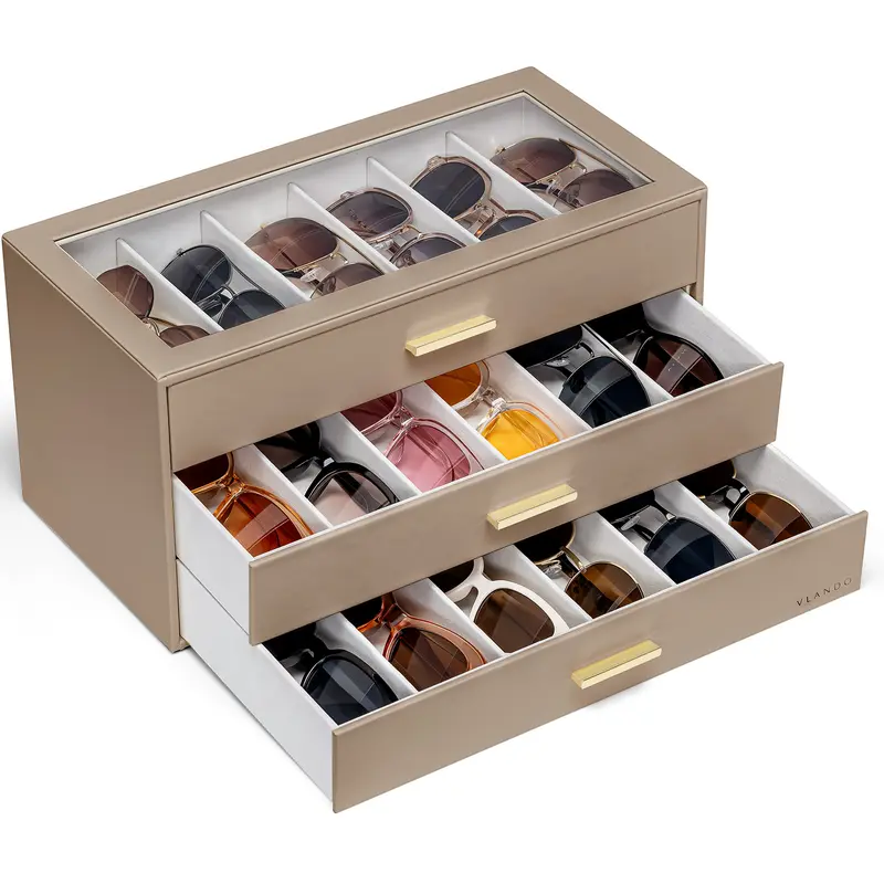 VLANDO Modern PU Leather Eyewear Organizer - 12/18/24-Grid Drawer-Based Eyeglasses Holder for Home Bedroom Storage (For Women, Men)