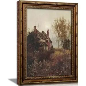 Vintage Gold Framed Wall Art, Antique Country Cottage Landscape Oil Painting Print, Classic Rustic Farmhouse Decor for Living Room, Bedroom, Office, Ready to Hang