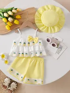 Girl's Valentine's Day Set, Sweet Pineapple Resort Style, Girl's Embroidered Pineapple Strappy Dress + Shorts + Sun Hat Trio, Double-layer Ruffles + 3D Bow, Girl's Birthday Gift, Suitable for Summer Outings, Family Meals, Beach Fun, Baby Clothing