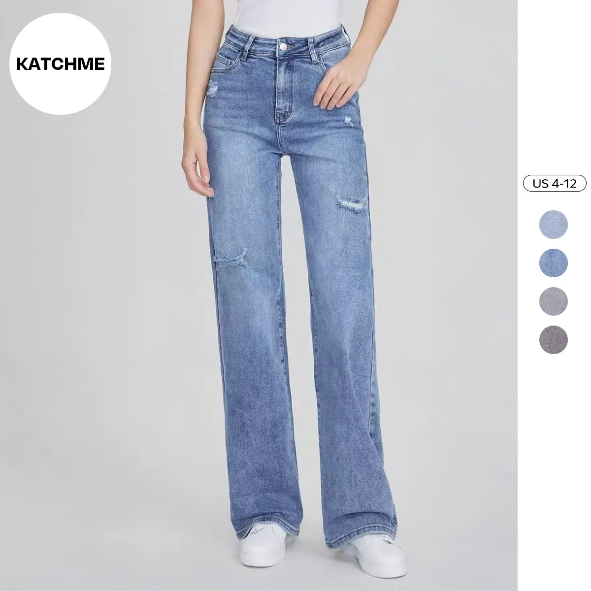 Katch Me Women's Chic High Waist Multi-Pocket Ripped Wide Leg Jeans, Baggy Jeans Outfits, Classy Denim Trousers, Versatile Loose Women's Bottom