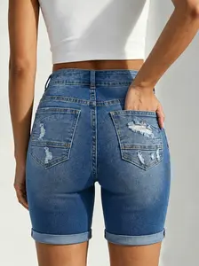 Women's Ripped High Waist Denim Bermuda Shorts Frayed Raw Hem Stretch Jean Shorts