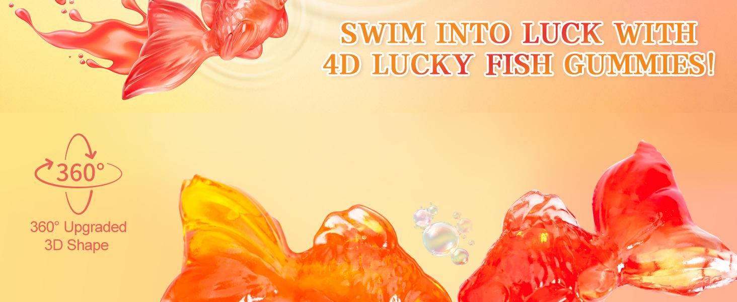 Amos 4D Gummy Lucky Fish Candy, 3D Goldfish-Shaped Gummies with Mango & Peach Juice, 65g per Bag, Gluten-Free Snack