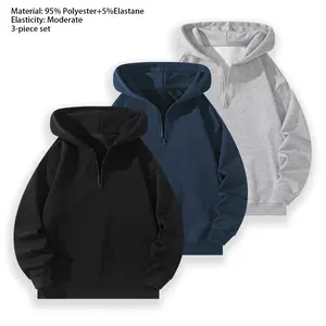 3-piece set, men's solid color casual half-zip hoodie, available in a variety of colors. Sporty casual style, fashionable and versatile men's loose pullover hoodie, men's sweatshirt, suitable for couples, 95% polyester 5% spandex.