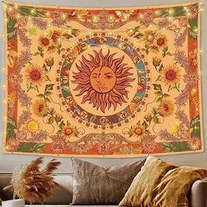 [50" x 60 Boho Chic Tapestry] Boho Chic Yellow Sun & Moon Tapestry with Sunflowers, Butterflies & Constellations - Easy Hang Wall Art for Bedroom, Dorm, Living Room Decor - 50" x 60