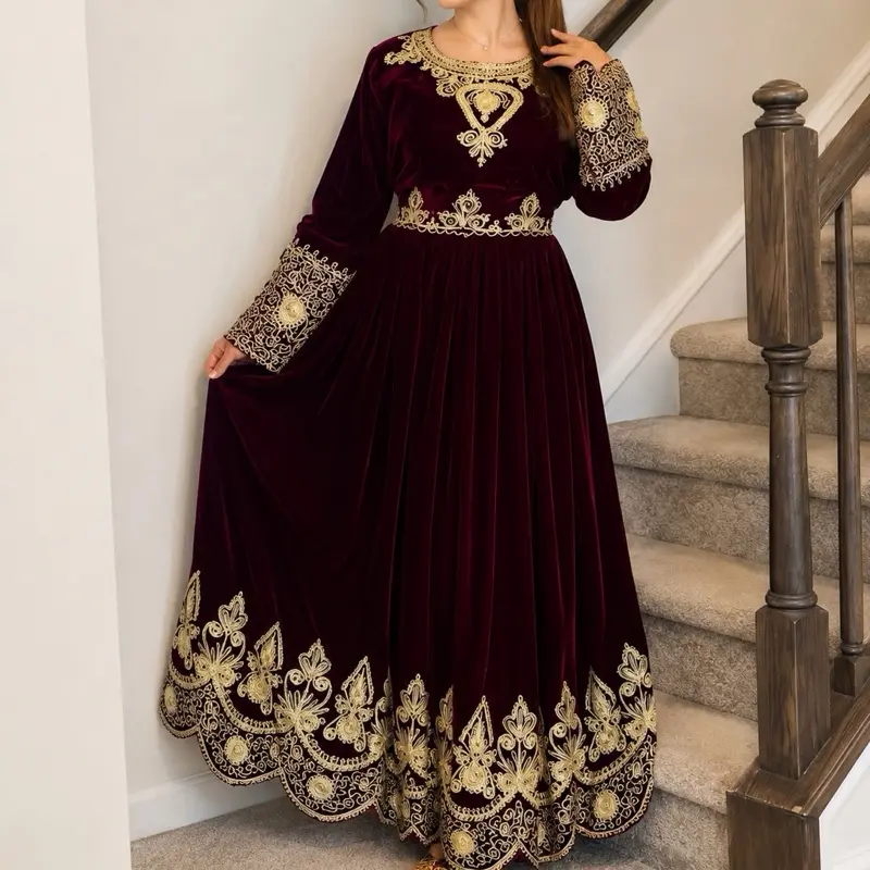Elegant Burgundy Velvet Afghan Maxi Dress with Gold Embroidery