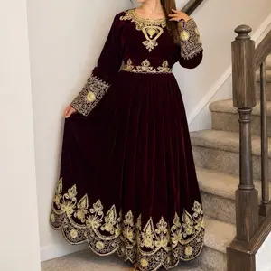 Elegant Burgundy Velvet Afghan Maxi Dress with Gold Embroidery
