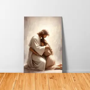 Canvas Painting With Framed Jesus Religious Wall Art Jesus With Children Faith Painting Christian Posters & Prints for Church Kids Girls Room Decor Eco Friendly Materials Fade Resistant UV Protected