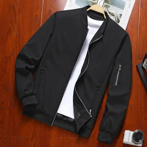 Men's Fitted Bomber Jacket - Lightweight Plain Long-Sleeve Windbreaker, Front Zip Casual Streetwear Top for Alternative Fashion & All-Purpose Wear