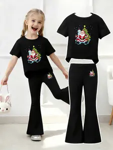 Girls Christmas Santa Snowman Print Short Sleeve T-Shirt Bell Bottom Pants Set, Cute Holiday, Soft Breathable Kids Clothing