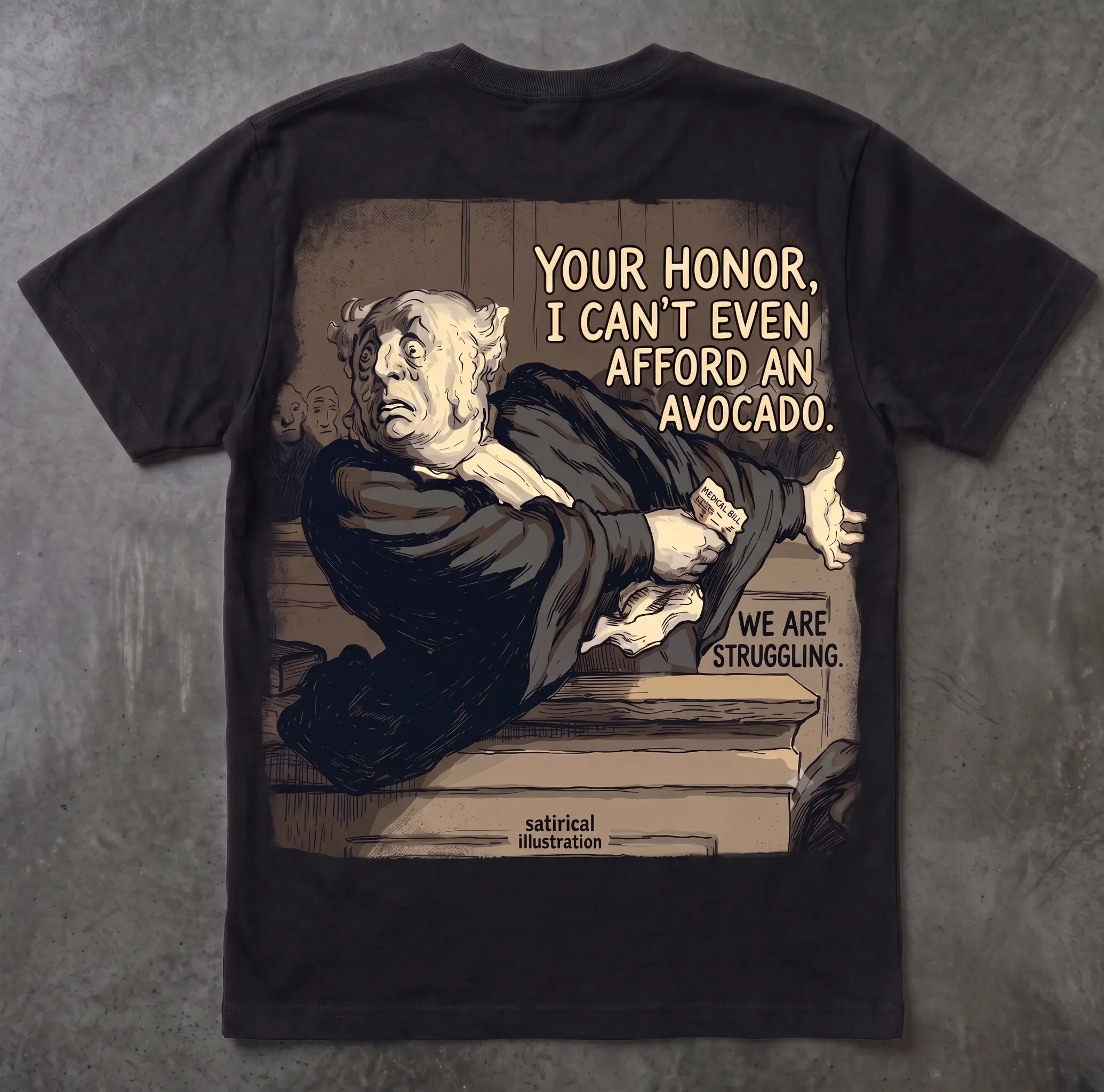 Unisex Casual Short-Sleeve Cotton Graphic T-Shirt - "Your Honor I Can't Afford an Avocado" Court Satire Print, Vintage Inflation Humor Illustration, All-Seasons Leisure Top