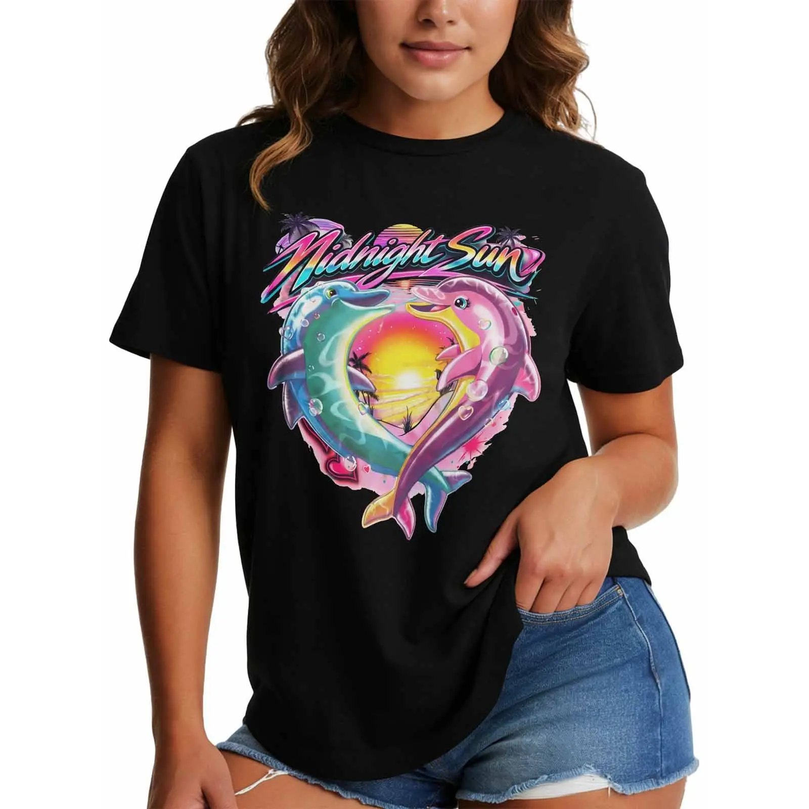Midnight Sun Dolphin Graphic T-Shirt | 100% Premium Cotton Tee, Retro 80s 90s Aesthetic TShirt for Summer Vacation | Vibrant Beach T Shirt Gift for Her