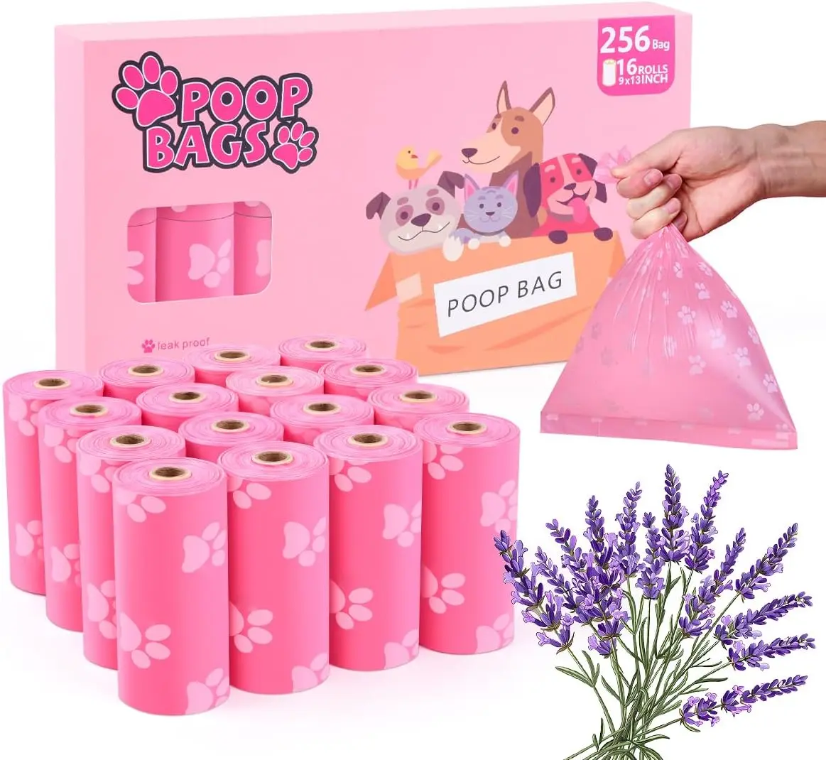 Poop Bags Rolls 256 Count - 9x13 Inches  Thickened Leakproof Lavender scent Poo Bags for Dogs,  Pet  Bags for Walking, , Travel