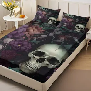 Comfortable Skull & Floral Bedding Set, Soft HD Digital Print Sheet Set (1 Fitted + 2 Pillowcases), Perfect for Home Bedroom, Boho Bedding, Decorative Bedsheet Sets