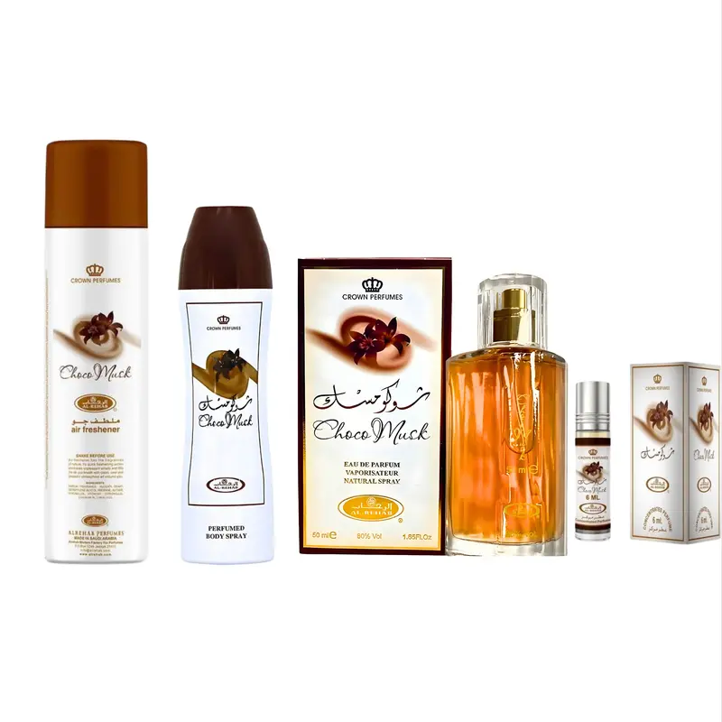 Al Rehab - Choco Musk Air Freshener 300ml+ Body Spray Perfumed 200ml+ Choco Musk 50ml + Roll On Oil 6ml (4 pc Bundle) Warm Spicy & Musk Notes - i got you Vanilla