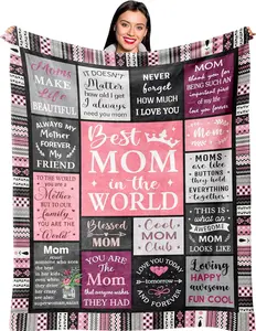 [SummerVibes] Mother's Day Best Mom in the World Blanket, Pink Boho Patchwork Throw Blanket with Heartfelt Quotes, Soft Flannel Blanket for Mom from Daughter Son, Perfect Mother's Day Birthday Christmas Gift