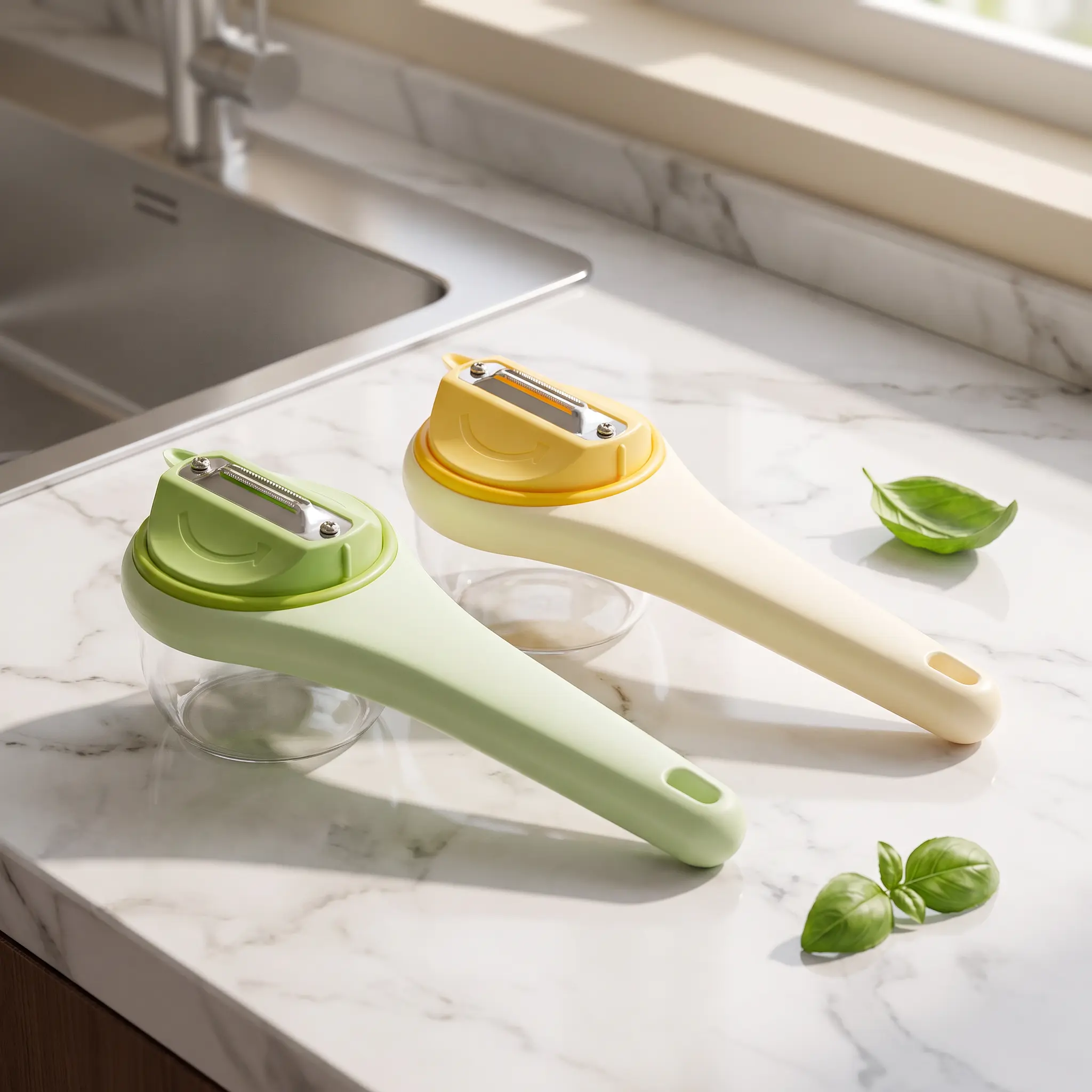Multifunctional Rotatable Peeler, Kitchen Utensil with Built-in Transparent Peel Container, Dual-Direction Serrated Stainless Steel Blade, Ergonomic ABS Handle and Hanging Hole