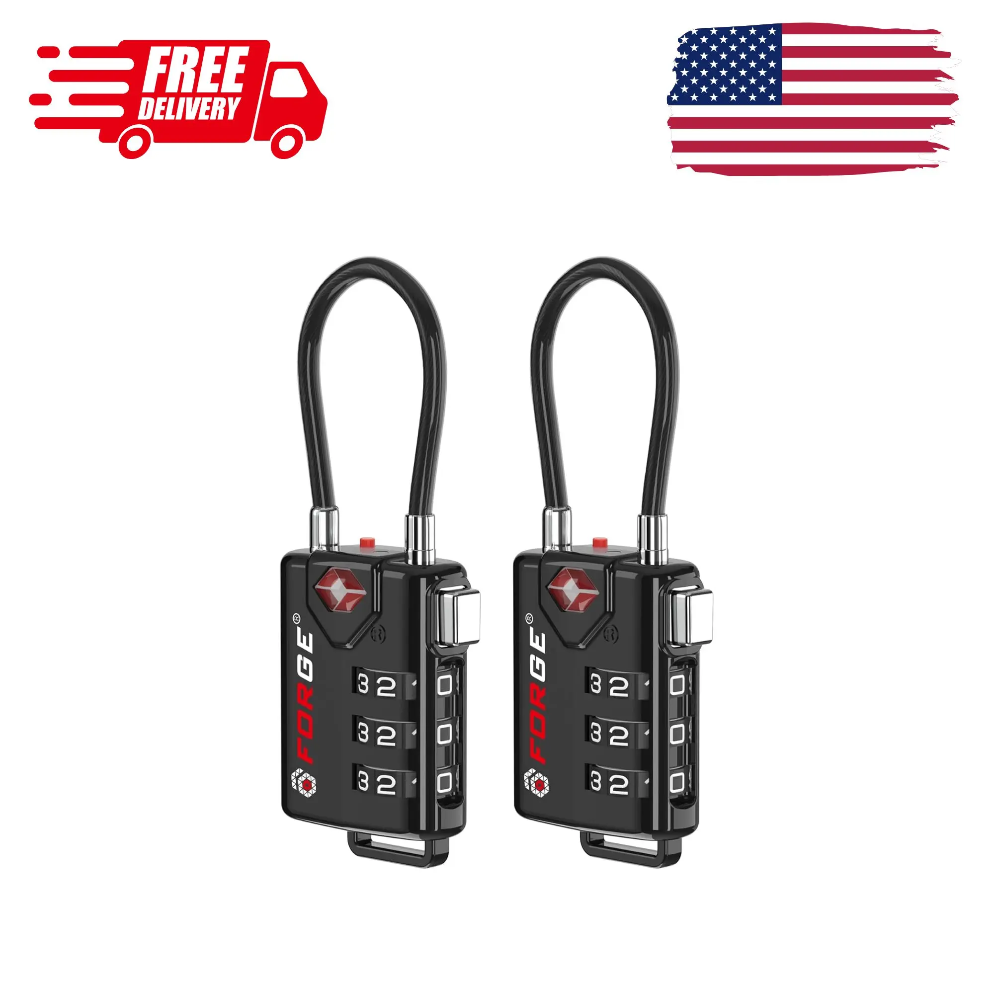TSA Approved Cable Luggage Locks, Resettable Combination with Alloy Body, Black 2 Locks