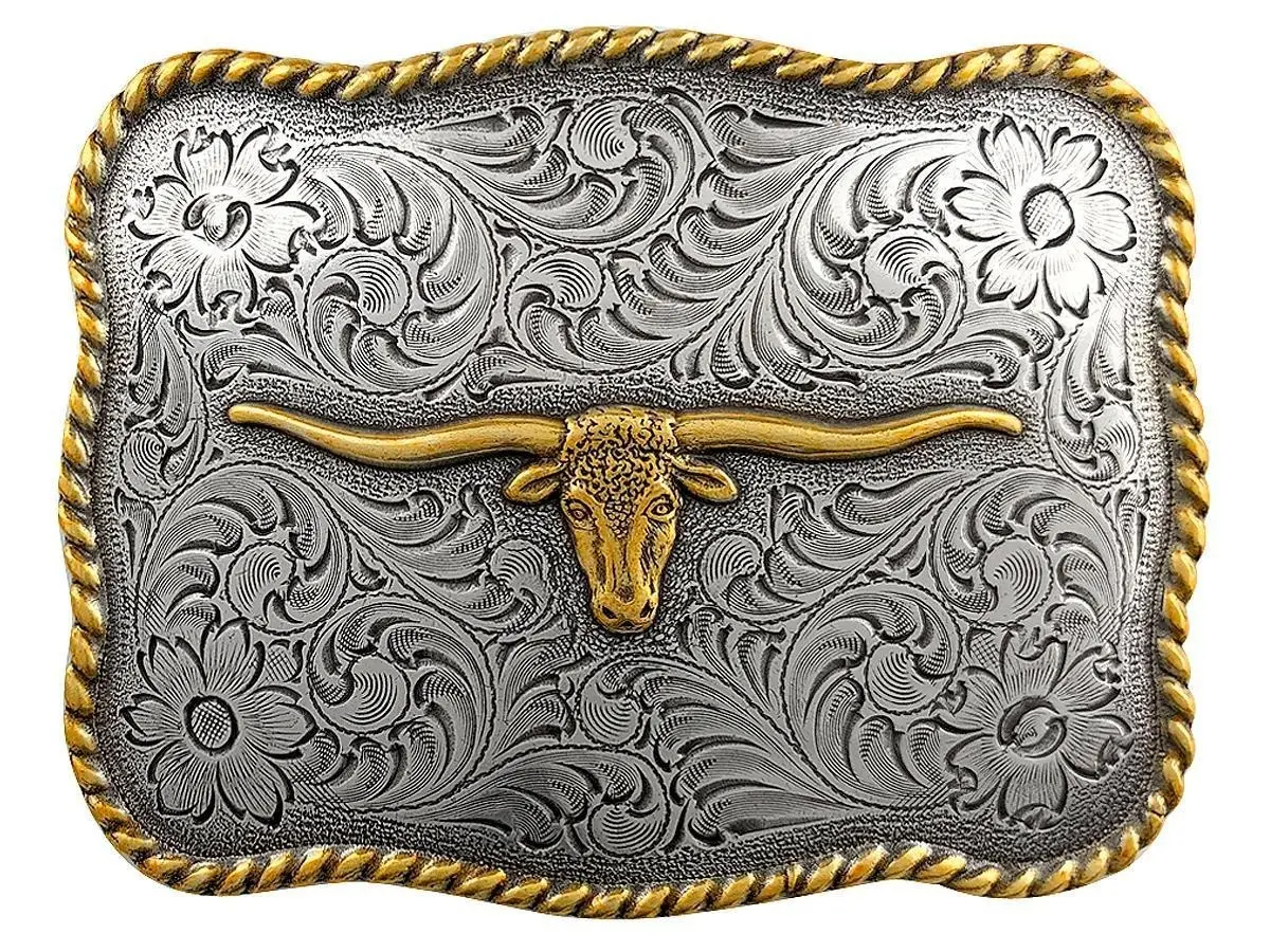 Western Antique Silver Belt Buckle Texas Longhorn Steer Head Design fits 1.5"(38mm) Belt