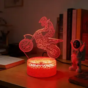 3D Dirt Bike LED Night Light Cracked Base 7 Color Changing Touch Control Illusion Lamp USB Powered Atmosphere Light Gift for Motorcycle Lovers