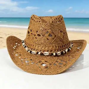 Unisex Wide Brim Straw Cowboy Hat - Breathable Openwork Summer Sun Hat