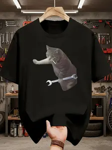 Quirky Mechanical 'Wrench Fun Meow' Men's Black Crew Neck Short Sleeve T-Shirt Mechanical Style Print Top, Men's T-Shirt, Crew Neck Short Sleeve, Fashionable Casual, Comfortable and Breathable, Men's T-Shirt