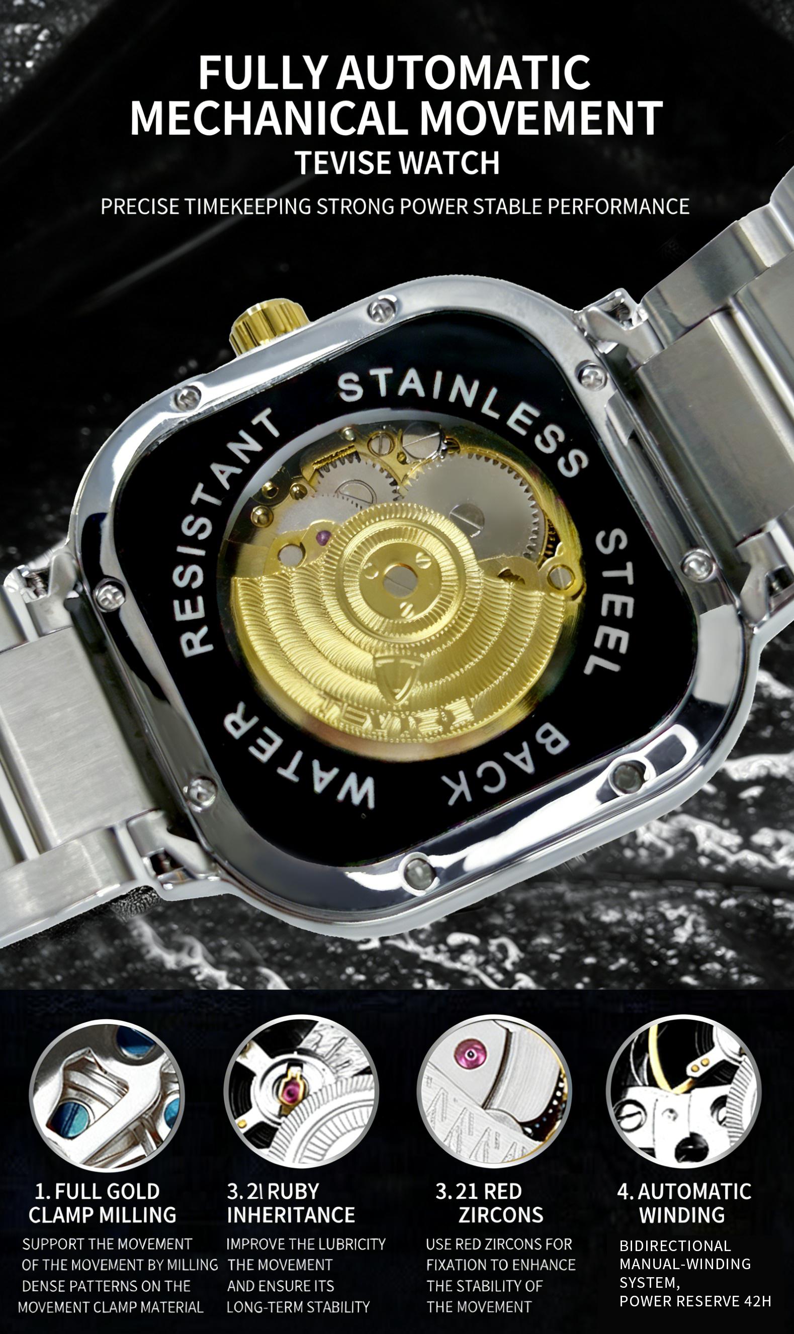 Luxury Men's Skeleton Automatic Watch, Gold Accent, Square Case, Business Stainless Steel Timepiece