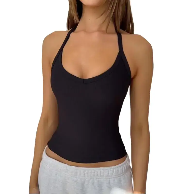 Women's Minimalist Halter Neck Ribbed Tank Top - Short, Sleeveless, Solid Color, Slim Fit, Stretchy, 2026 Summer New, Casual Inside Layering Everyday Basic Lounge Top, Halter Tank Top