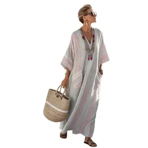 Coastal Minimalist Border Print Linen Kaftan Dress, Lightweight Crinkled Linen Cloth, Three Quarter Kimono Sleeve Loose Maxi Silhouette With Pockets, For Seaside Vacation Beach Cover Up, Airy Non-restrictive Holiday Outfit