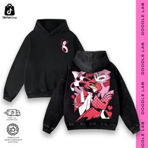 Blitzo & Stolas Stolitz Vintage Graphic Tee - Heavyweight Washed Oversized T-Shirt & Hoodie, Aesthetic Cartoon Streetwear, Acid Wash Black/Grey Menswear