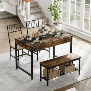 Dining Set for 4, Kitchen Table with 2 Chairs and Bench, Farmhouse Style Table with Storage Rack & Drawers, Space Saving Breakfast Nook Set for Small Kitchen Apartment