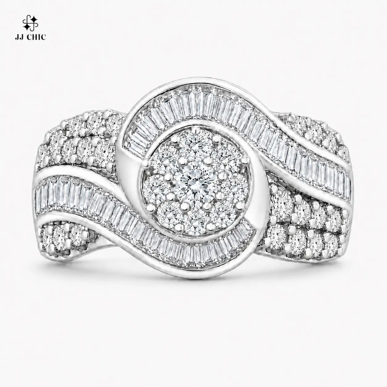 JJ CHIC Women’s Swirl Cluster CZ Statement Ring, Baguette & Pavé Band, Silver-Tone Fashion Ring with Elegant Design & Eye-Catching Center Stone, Wedding Ring Set