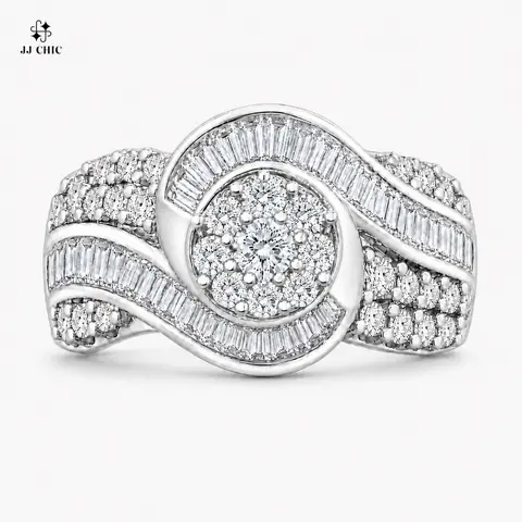 JJ CHIC Women’s Swirl Cluster CZ Statement Ring, Baguette & Pavé Band, Silver-Tone Fashion Ring with Elegant Design & Eye-Catching Center Stone, Wedding Ring Set