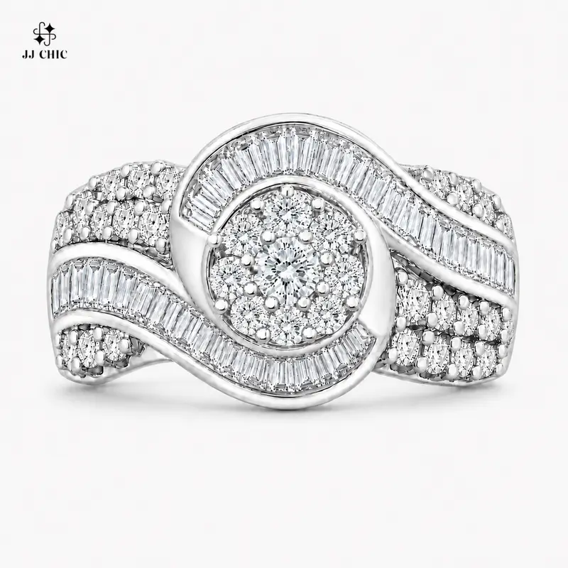 JJ CHIC Women’s Swirl Cluster CZ Statement Ring, Baguette & Pavé Band, Silver-Tone Fashion Ring with Elegant Design & Eye-Catching Center Stone, Wedding Ring Set