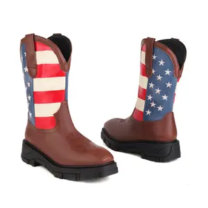 Zotixvox Men's Mid-Calf Cowboy Boot, Western Footwear with Chunky Heel, Leather Stitching, American Flag Design, Big-Size All-Season Riding Shoe, Decor