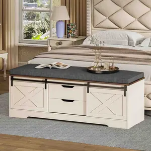 Sikaic Shoe Benches with Cushion and Sliding Barn Doors White Upholstered Storage Ottoman Foot Rest Stools