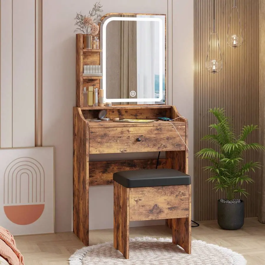 Classic Sturdy Makeup Vanity Set with Lighted Mirror, Adjustable Wooden Fat-Leaning Chair, 3 Shelves, Storage Drawer for Bedroom (Assembly Required)