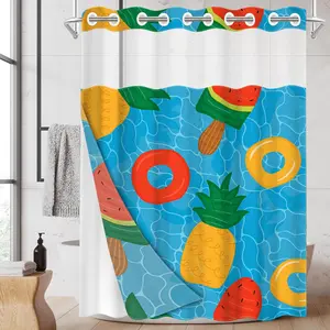 1PC 2D Flat Summer Pool Fruit Shower Curtain, Fresh Vibrant Design, Waterproof & Detachable Liner, Bathroom Curtain (No Hooks)