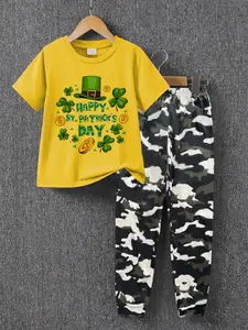 Boys' Summer Casual Short Sleeve T-Shirt & Camo Sweatpants Set, Saint Patrick's Day Pattern Print, Loose Fit, Gift for Boys