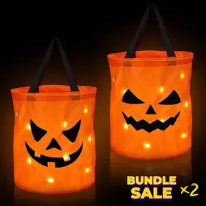 Halloween Candy Bucket with LED Lights Trick or Treat Bags for Kids and Adults Halloween Basket Reusable Night Light Pumpkin Candy Baskets Tote Bags for Kids Party Supplies