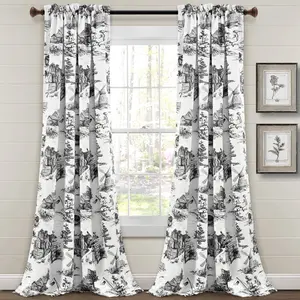 Lush Decor French Country Toile Room Darkening Window Curtain Set 2 Panels 52"W x 84"L/95"L 100% Polyester Easy Install Machine Washable Sun Shade Film