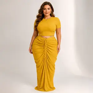 Plus Size 2 Piece Skirt Set for Women Short Sleeve Crop Top & Ruched Drawstring Maxi Skirt Bodycon Matching Set Summer Outfit