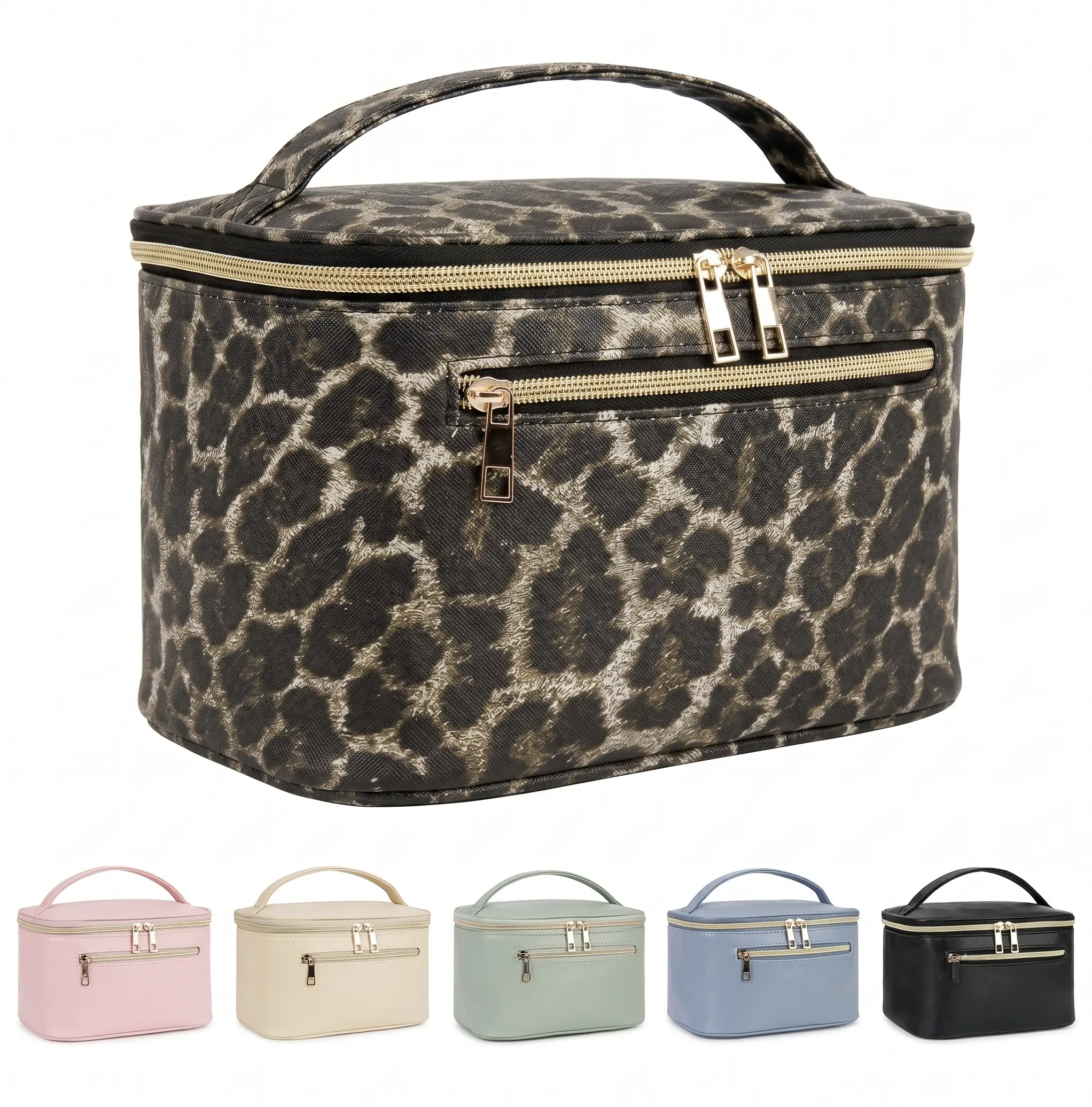 Wandering Nature Travel Makeup Bag for Women, Large Leather Cosmetic Bag with Brush Slots, Waterproof Makeup Organizer Case, Vegan Leather Vanity Storage Bag